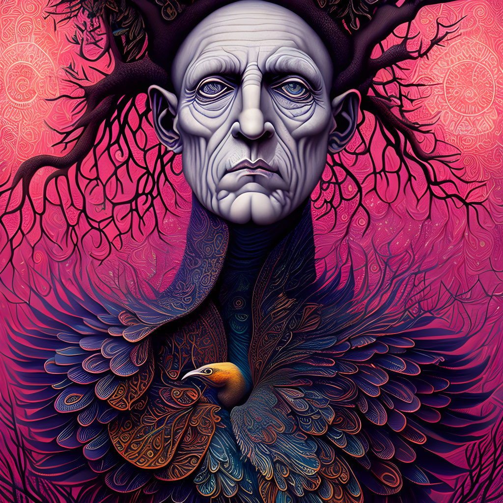Solemn-faced person with tree branches for hair in vibrant artwork