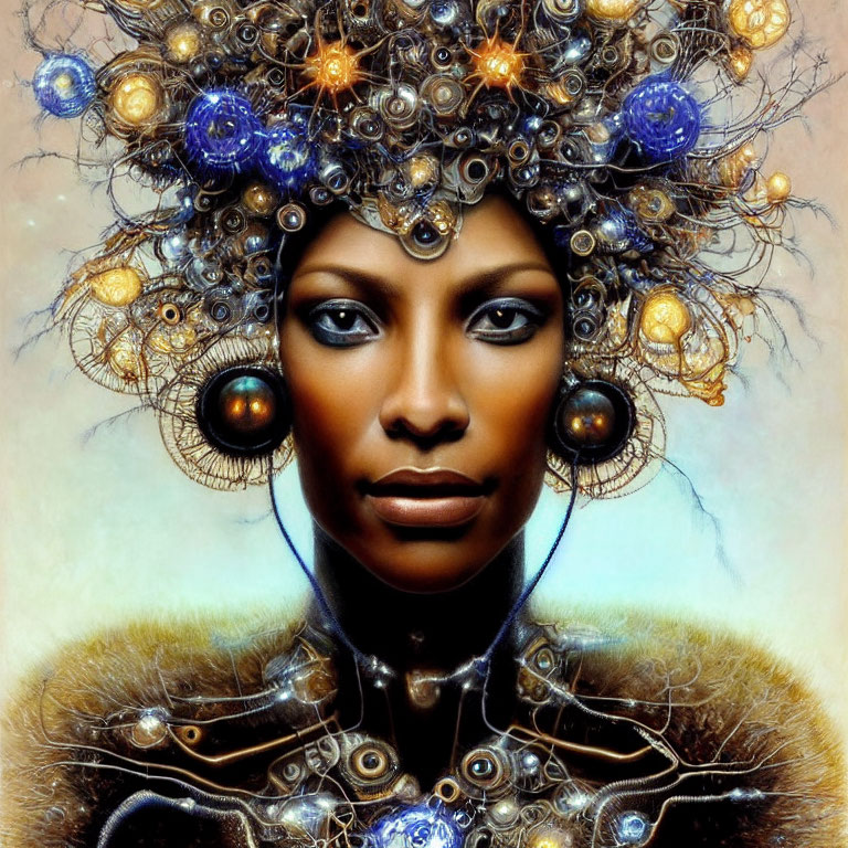 Futuristic digital artwork of a regal woman with metallic headdress