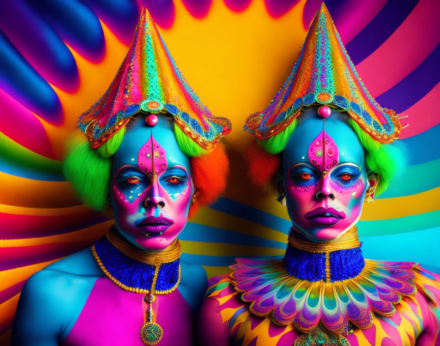 Vibrant body paint and elaborate headpieces on two individuals against a psychedelic swirl background