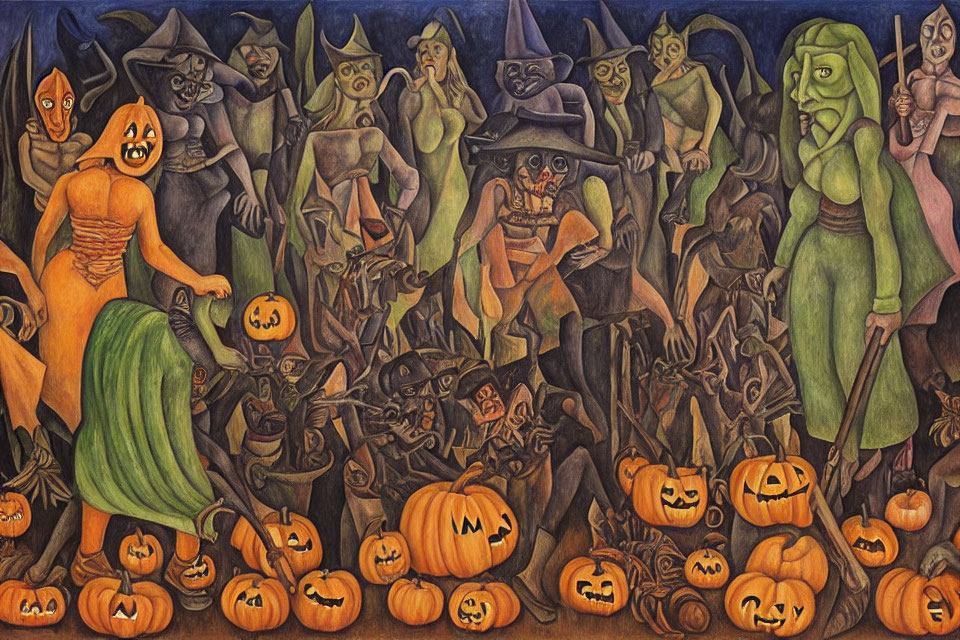 Vibrant Halloween scene with witch and pumpkin costumes, carved pumpkins, and eerie background characters.