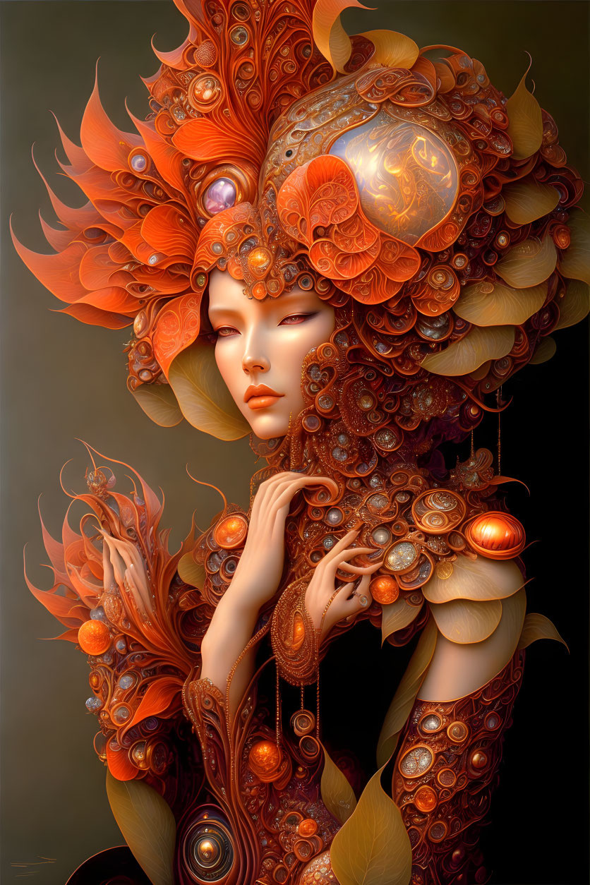 Digital art portrait of a woman in ornate orange and gold jewelry and headdress with a fantasy,