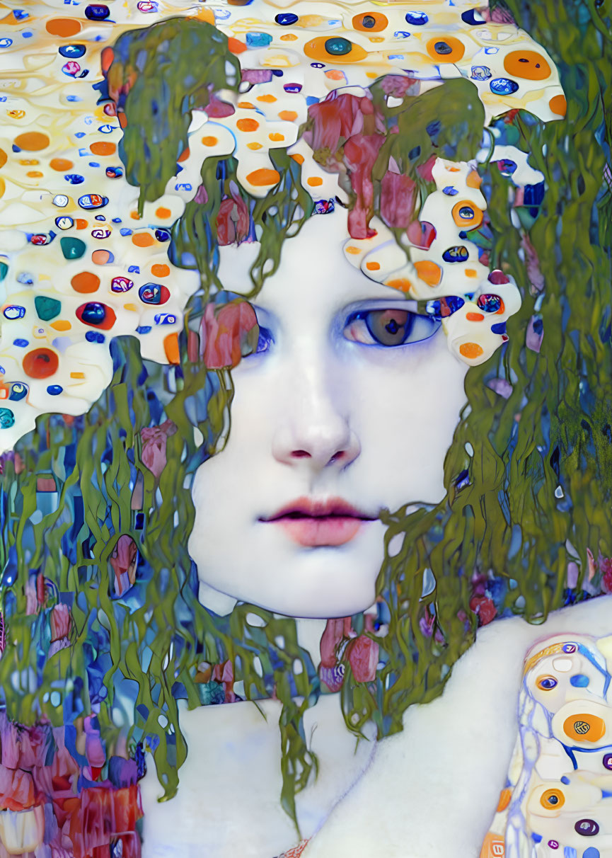 Surreal portrait of a person with blue eyes and colorful, melting patterns
