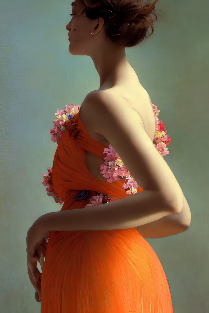 Profile view of woman in orange floral dress with updo hairstyle on blue backdrop
