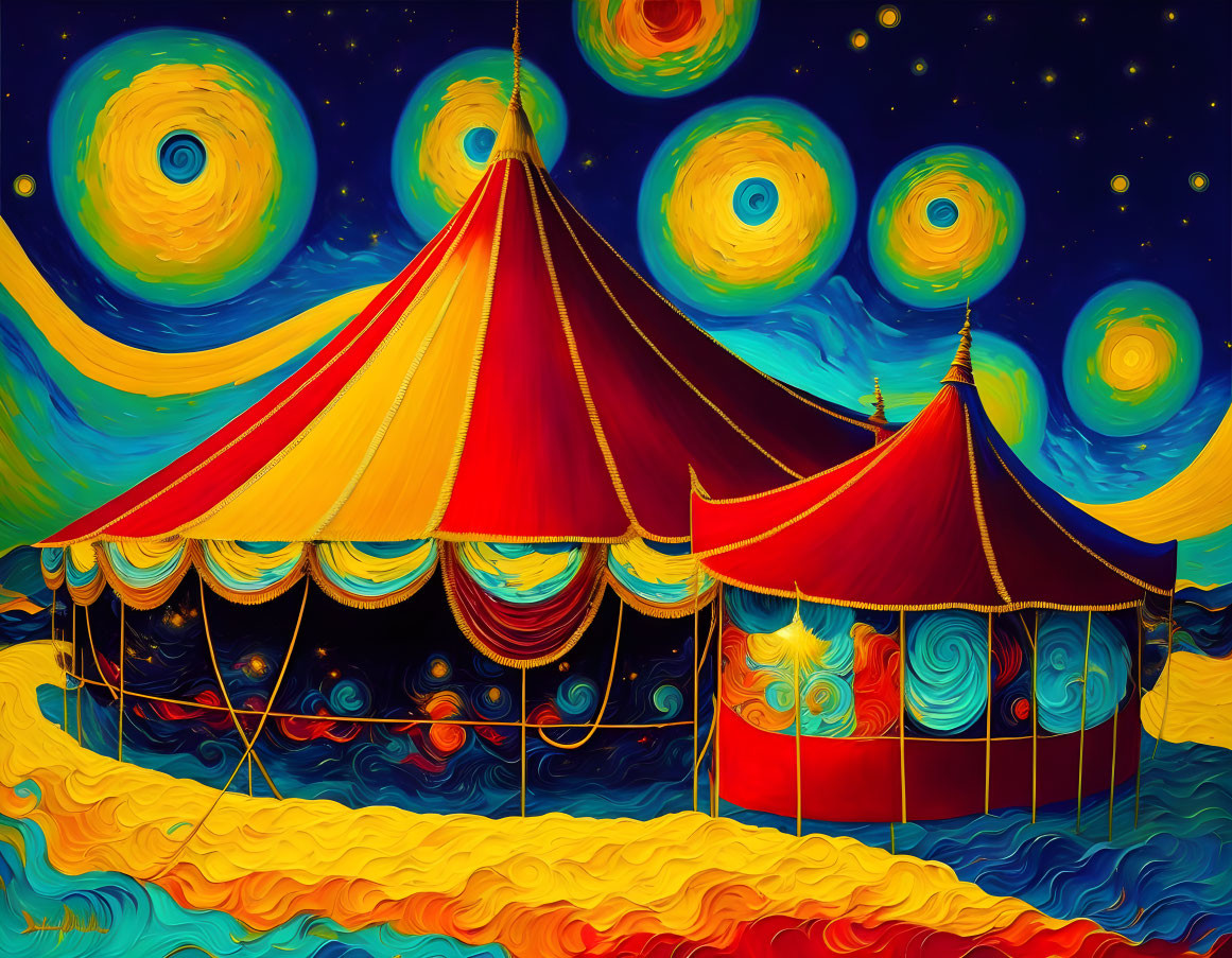 Colorful Circus Tents Painting with Starry Night Sky