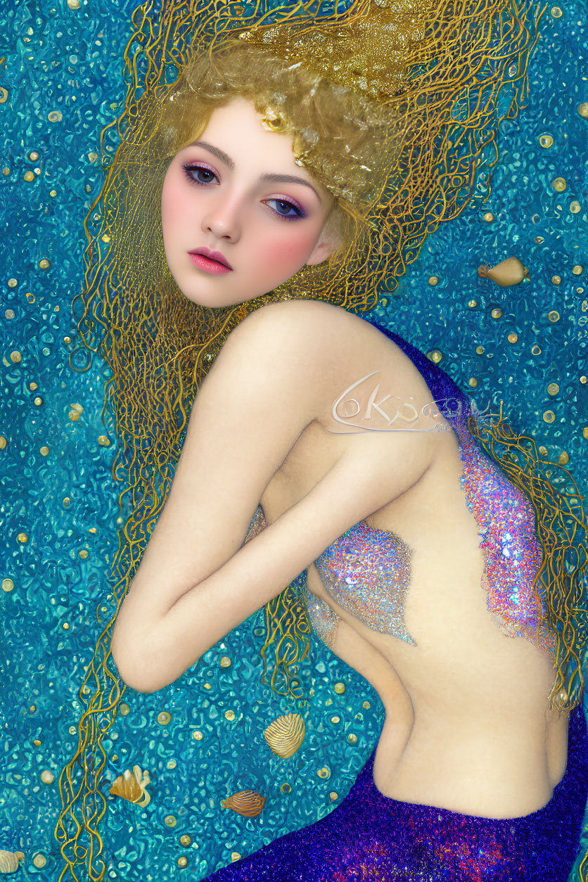Golden-haired mermaid with blue scales in underwater scene with fish and seashells.