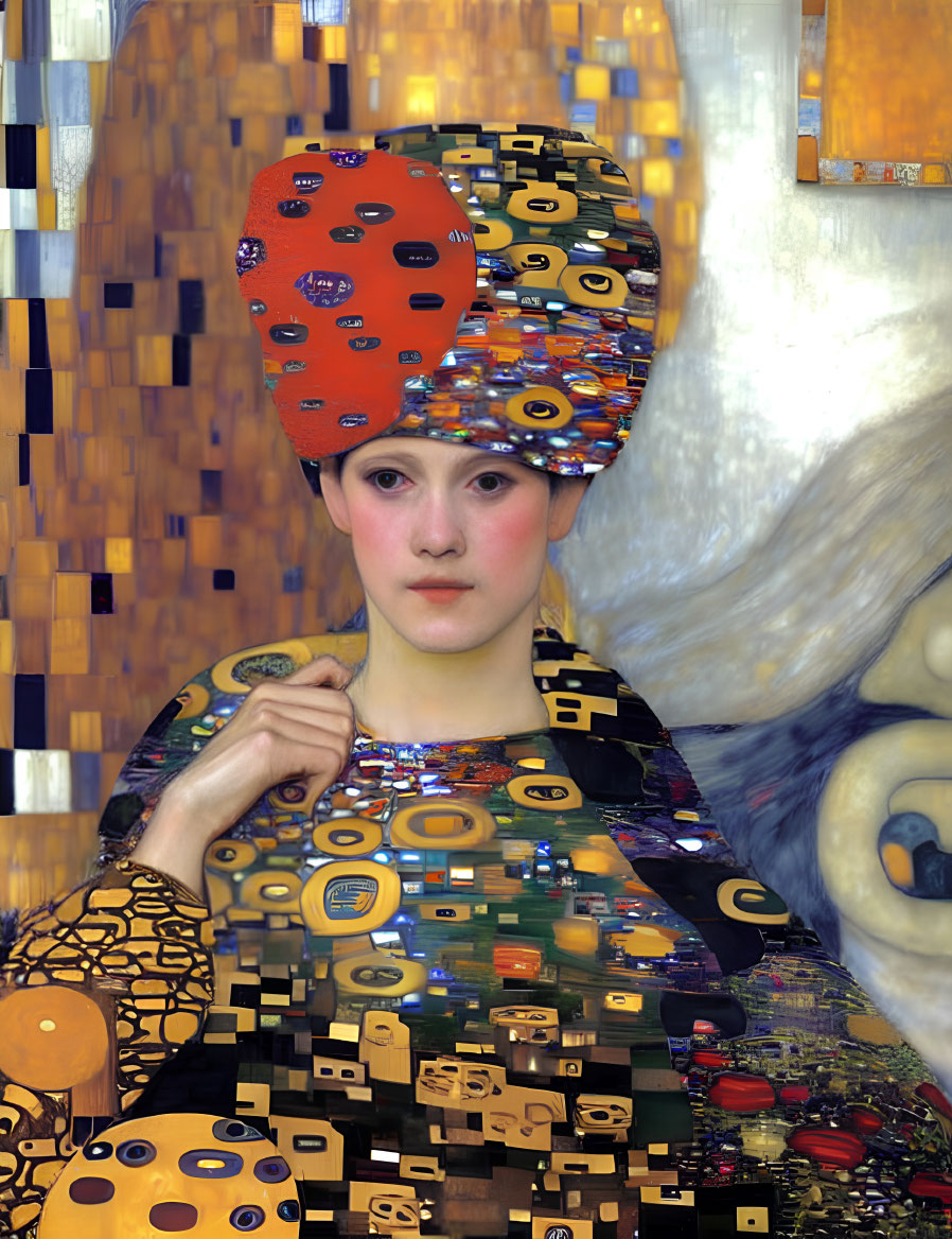 Solemn woman in Klimt-inspired attire and hat on abstract background