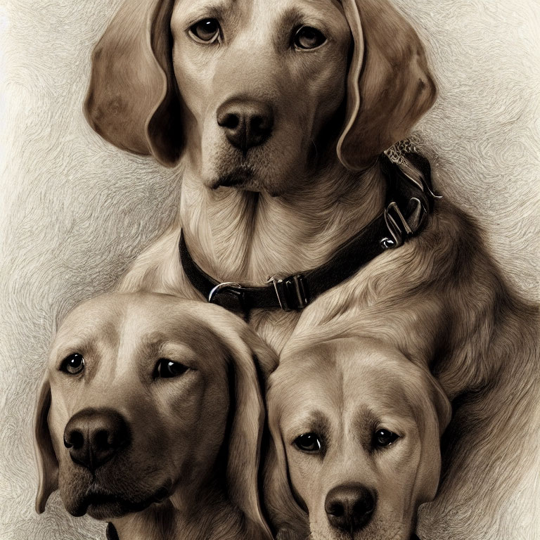 Three expressive dogs with brown coats stacked together.