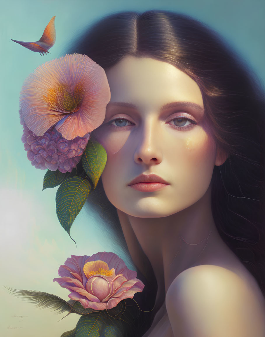 Woman with Flowers and Bird: Serene Portrait in Soft Colors