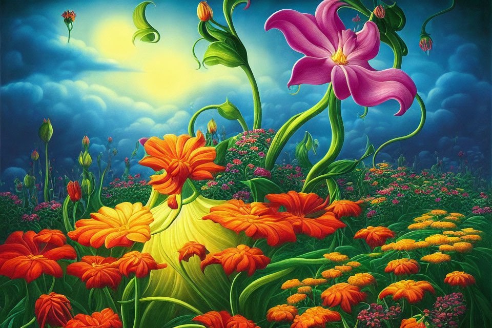 Colorful garden illustration with orange and purple flowers under blue skies