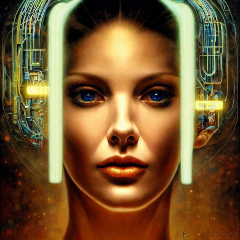 Futuristic woman with cybernetic enhancements and glowing blue eyes in mechanical setting
