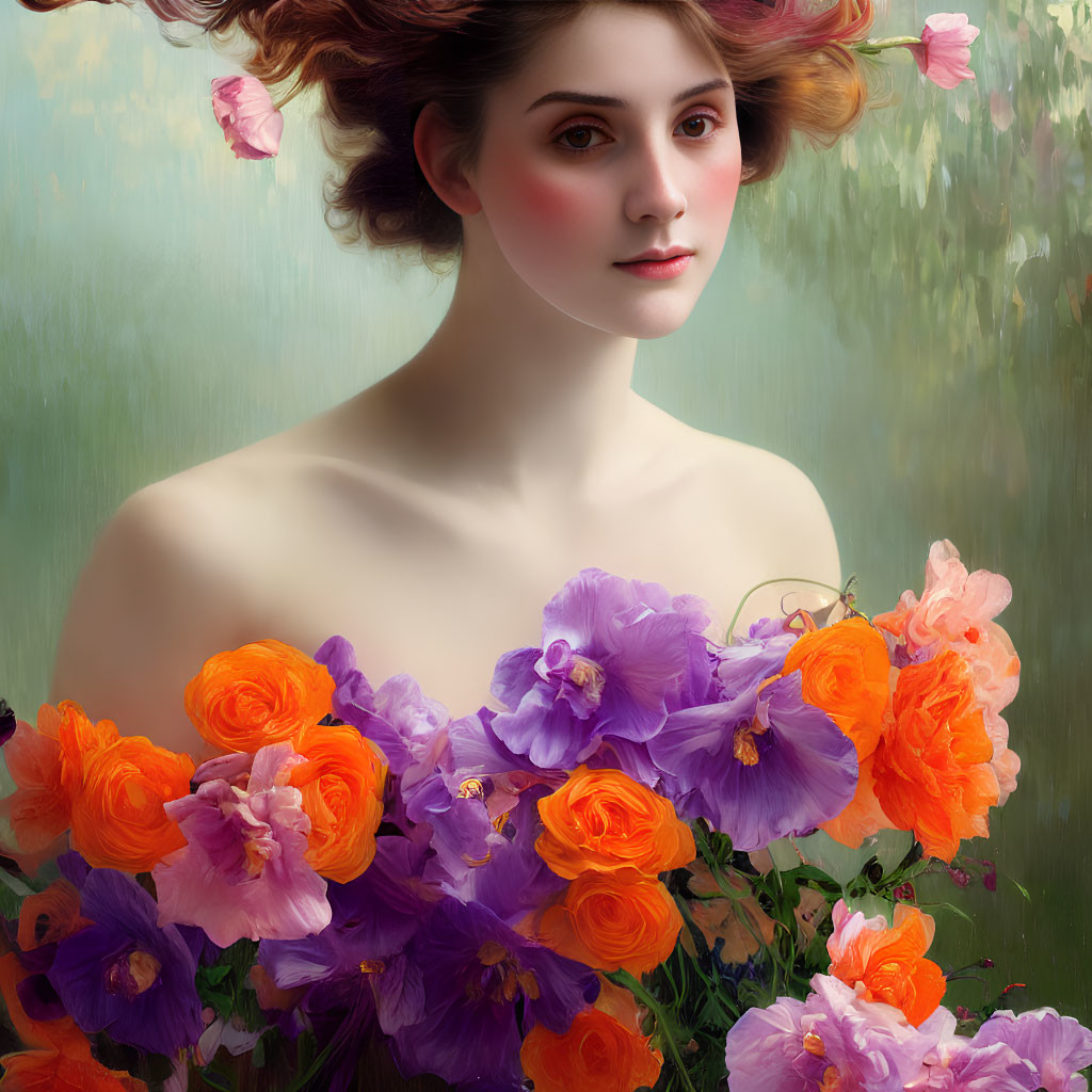 Portrait of a woman with flowers in vibrant oranges and purples
