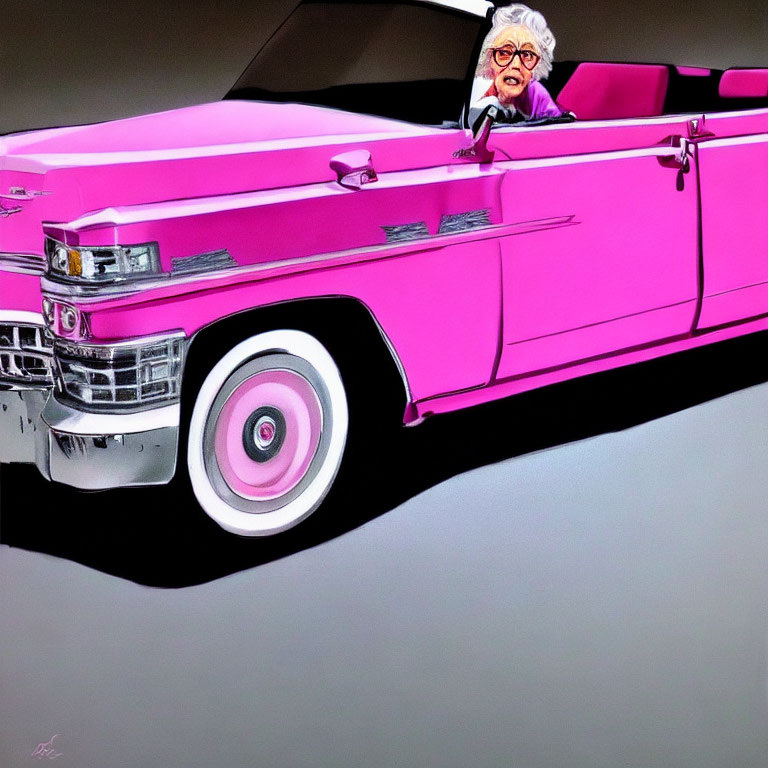 Elderly lady with white hair driving pink Cadillac in graphic art style