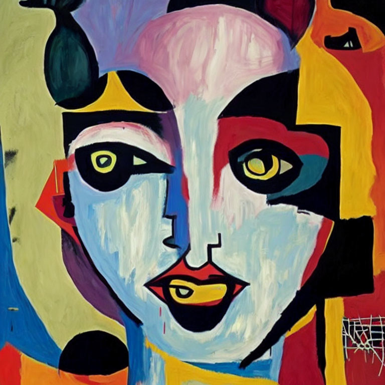 Vibrant abstract painting of asymmetrical human face in bright colors