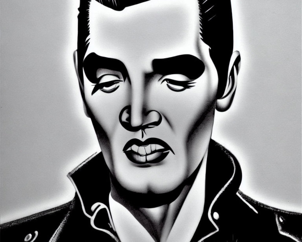 Monochrome portrait of man with pompadour hairstyle and leather jacket