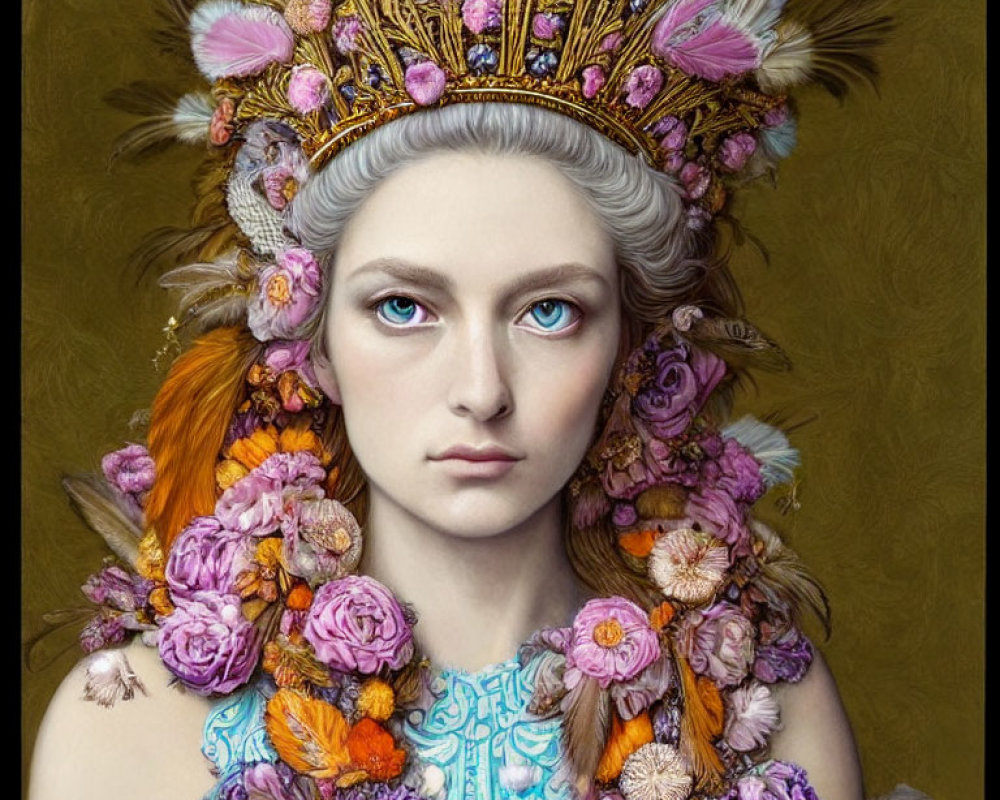 Portrait of person with striking blue eyes and majestic headdress adorned with gold accents, flowers, and feathers