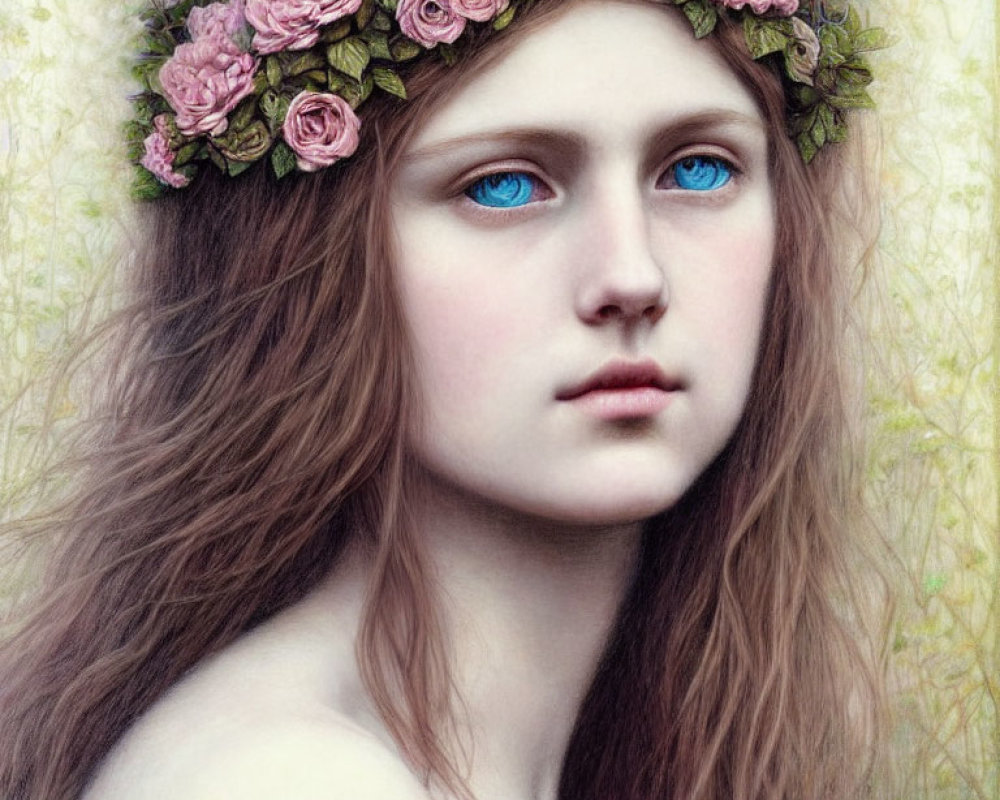 Portrait of a young woman with blue eyes and brown hair, wearing a rose wreath