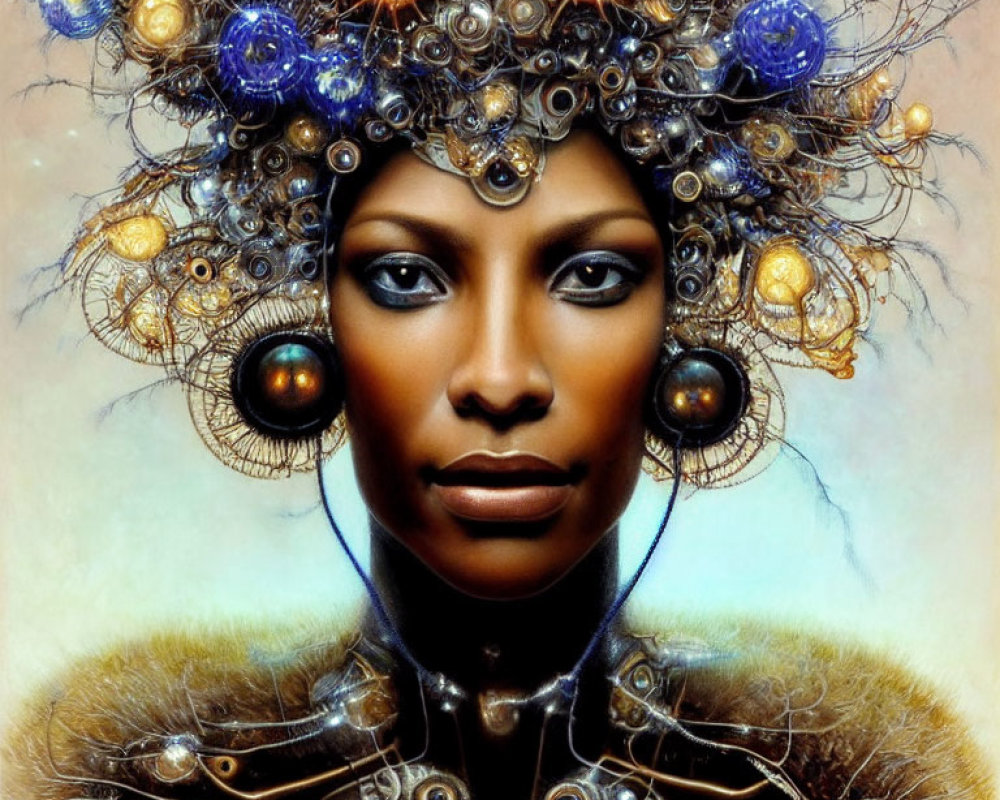 Futuristic digital artwork of a regal woman with metallic headdress