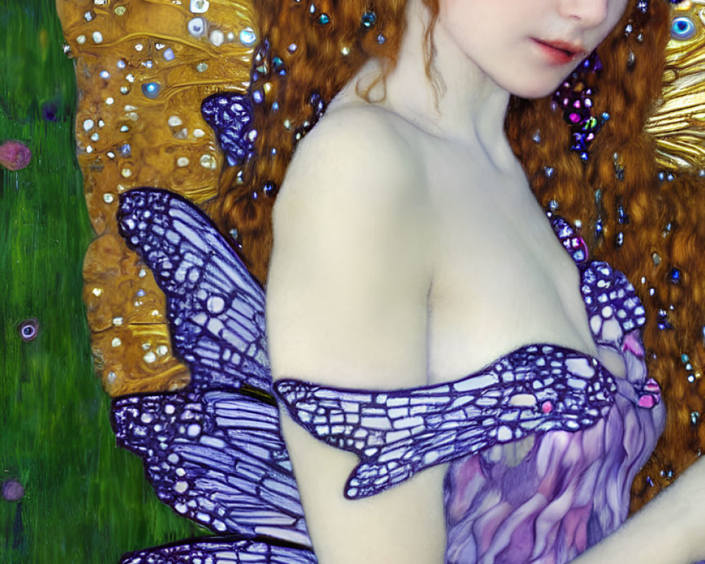 Winged fairy with brown hair in purple dress amidst greenery and bubbles