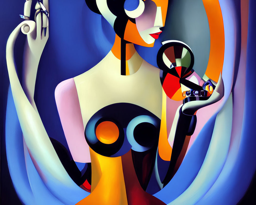 Abstract Figure Painting with Vibrant Colors and Magnifying Glass Holding Airplane Model