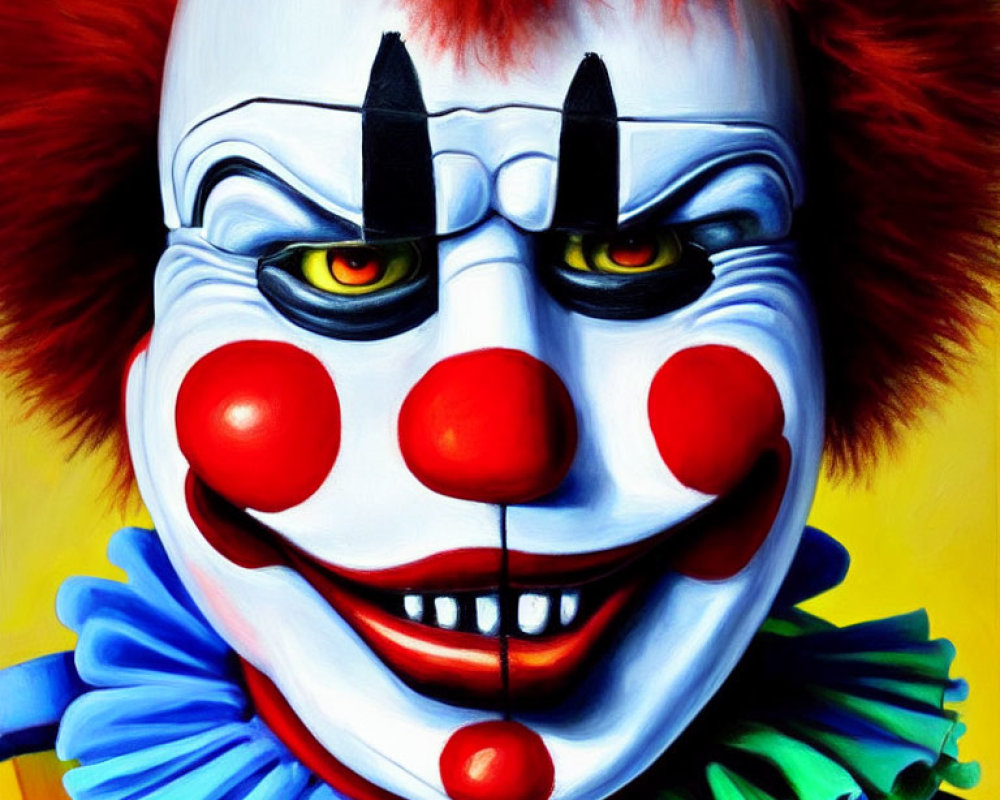 Vivid painting of a clown with red nose and green eyes, blue collar