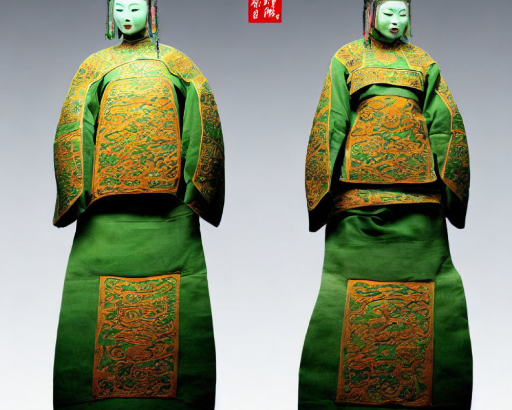 Traditional Chinese figurines in green and gold robes with Chinese text on neutral background