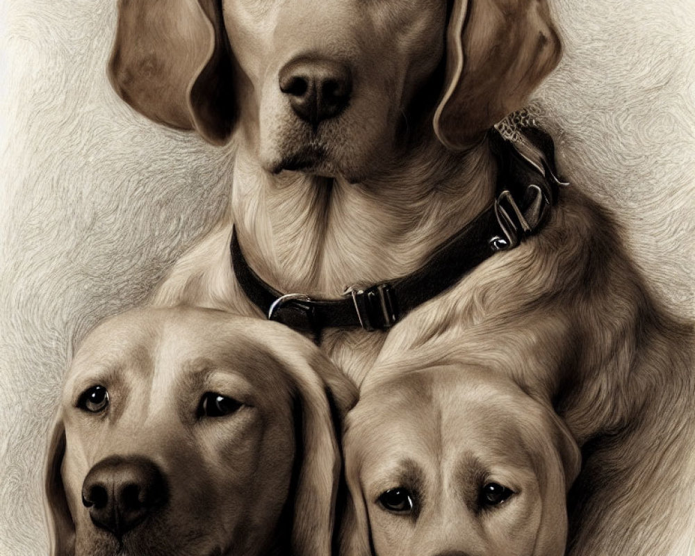 Three expressive dogs with brown coats stacked together.