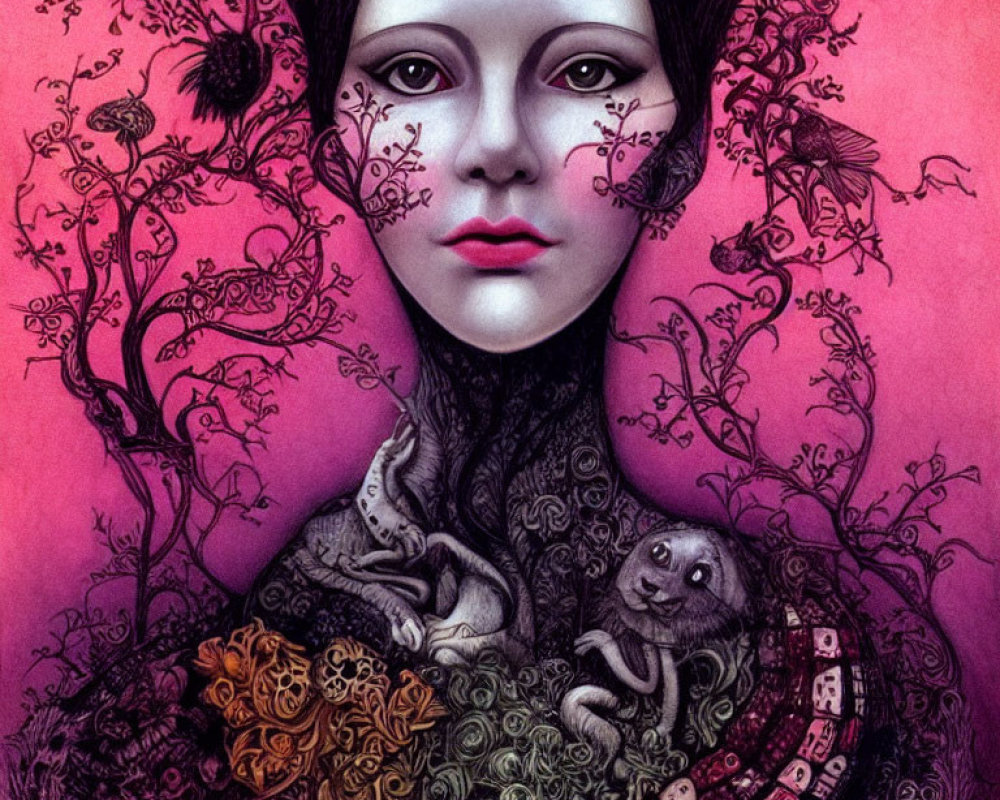 Surreal portrait of woman with tree-like features holding a rabbit on rose-hued backdrop