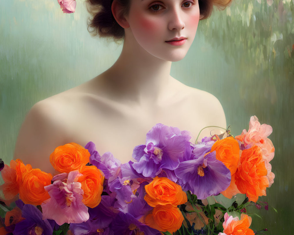 Portrait of a woman with flowers in vibrant oranges and purples