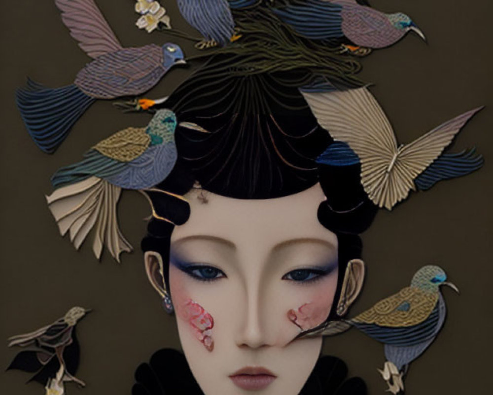 Illustration of pale-skinned woman in traditional makeup with black headdress, surrounded by birds and flowers
