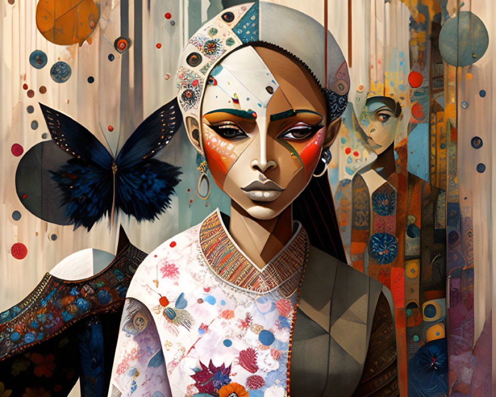 Stylized woman with face paint against abstract nature background