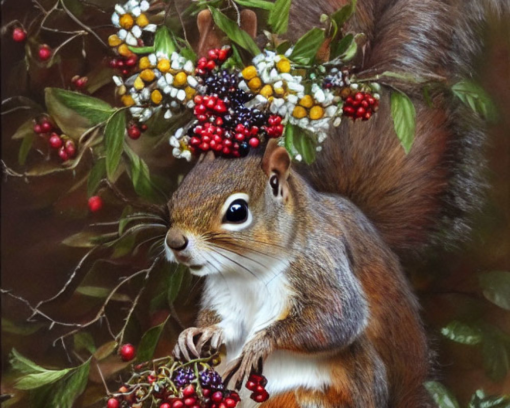Colorful squirrel surrounded by berries and leaves in enchanting woodland scene