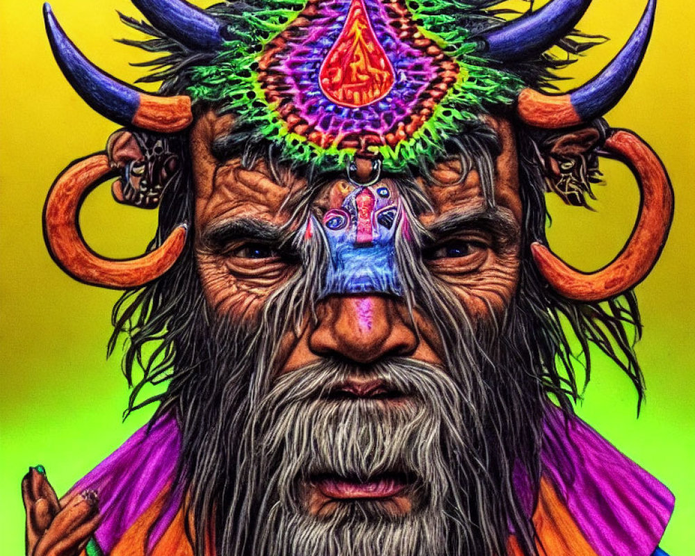 Colorful mystical character with horns and third eye jewel on neon background