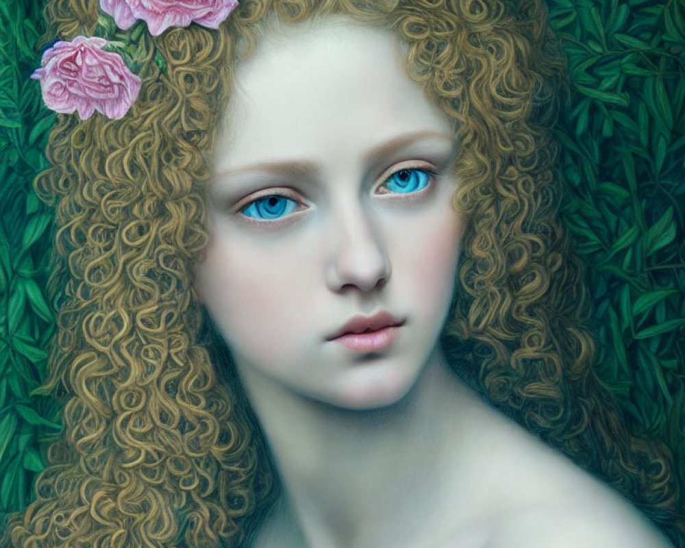 Portrait of young woman with curly hair, blue eyes, pink roses, green background