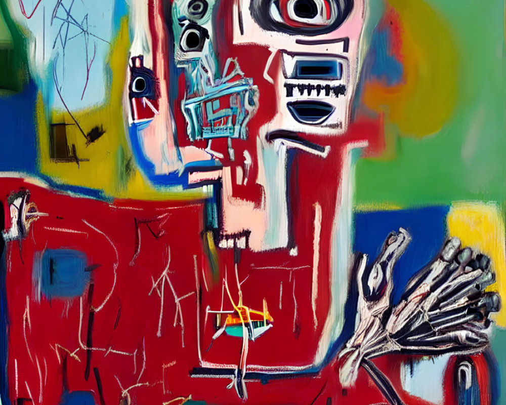 Vivid Abstract Painting: Central Figure with Chaotic Lines