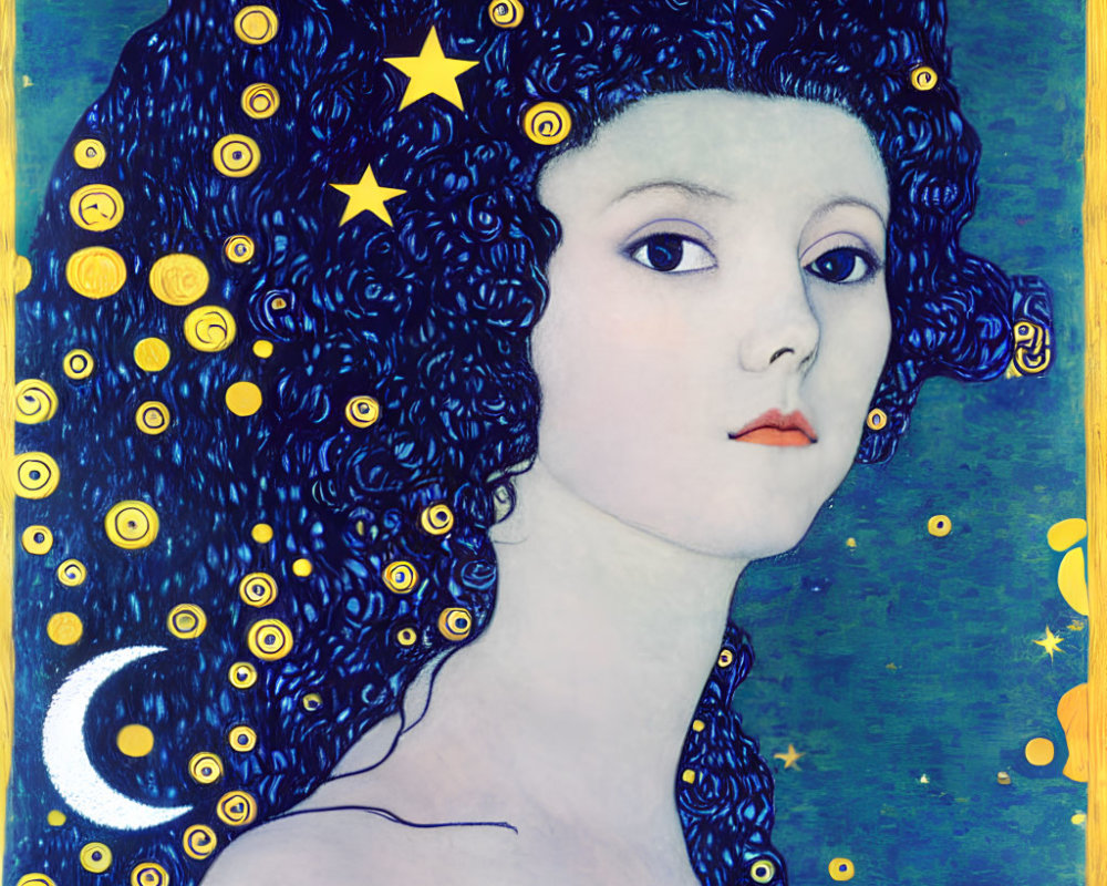 Stylized portrait of woman with pale skin, red lips, dark curly hair adorned with yellow stars