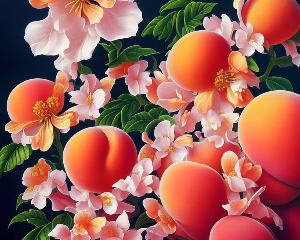 Colorful painting of ripe peaches and blossoms on dark background