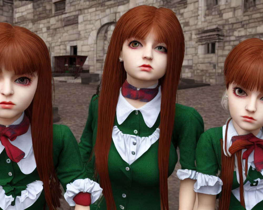Three auburn-haired dolls in green dresses and white blouses by a stone building