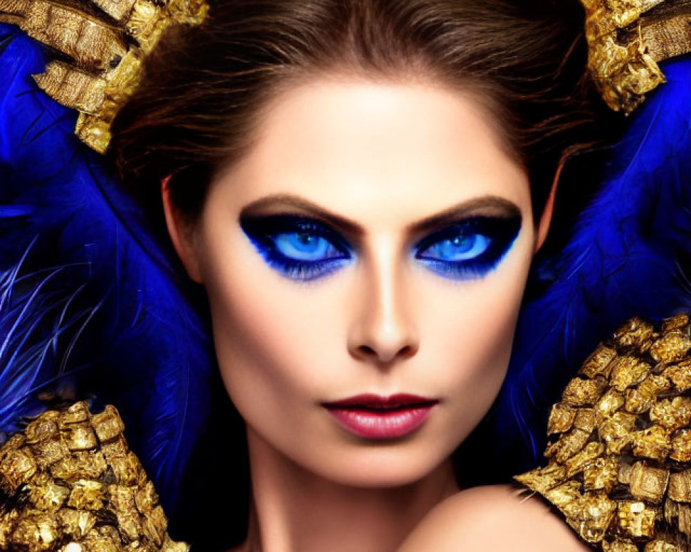 Regal woman with intense blue eye makeup and golden feather headdress