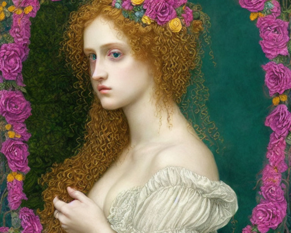 Pre-Raphaelite Style Portrait of Woman with Curly Red Hair and Floral Wreath