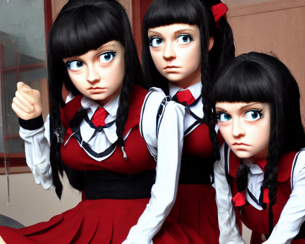 Three dolls in red and black school uniforms with solemn expressions positioned indoors