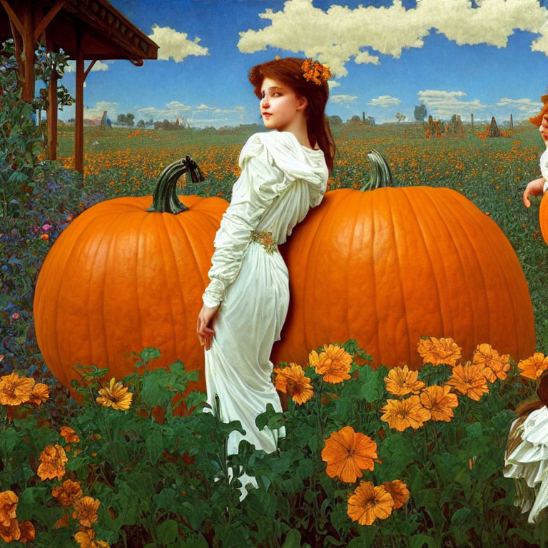 Woman in white dress with yellow flower in hair among pumpkins in vibrant patch