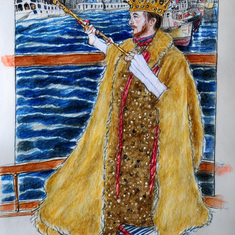 Regal attire drawing with crown, cape, scepter, and ship
