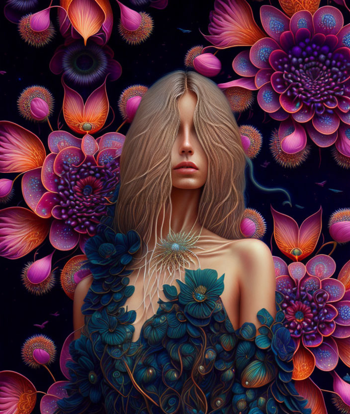 Long-haired woman blending into vibrant floral backdrop.