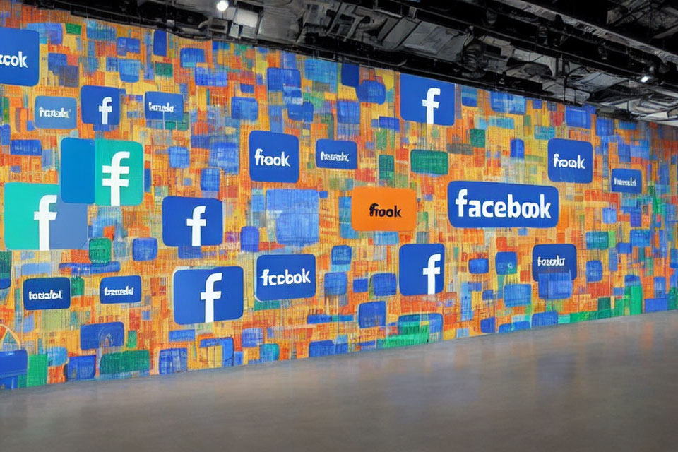 Vibrant Facebook logo variations on colorful wall