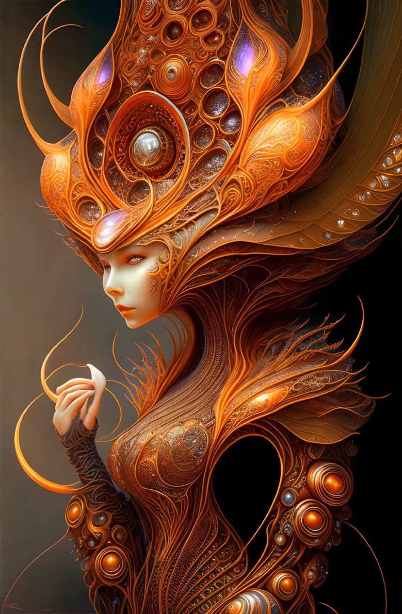 Digital artwork: Woman with caramel-colored ornate headdress & gem-like accents