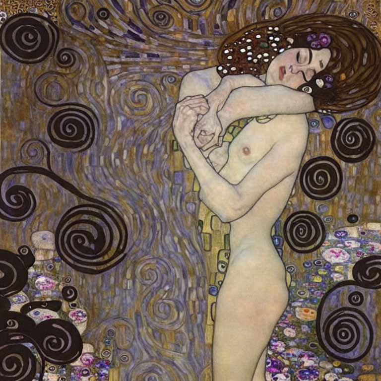 Nude woman depicted in Art Nouveau style with swirling patterns and floral motifs
