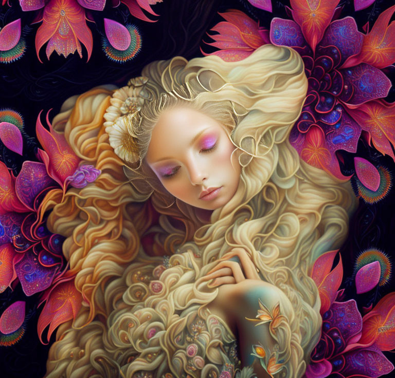 Surreal portrait of sleeping woman with intricate hair and tattoo, surrounded by butterflies and flowers