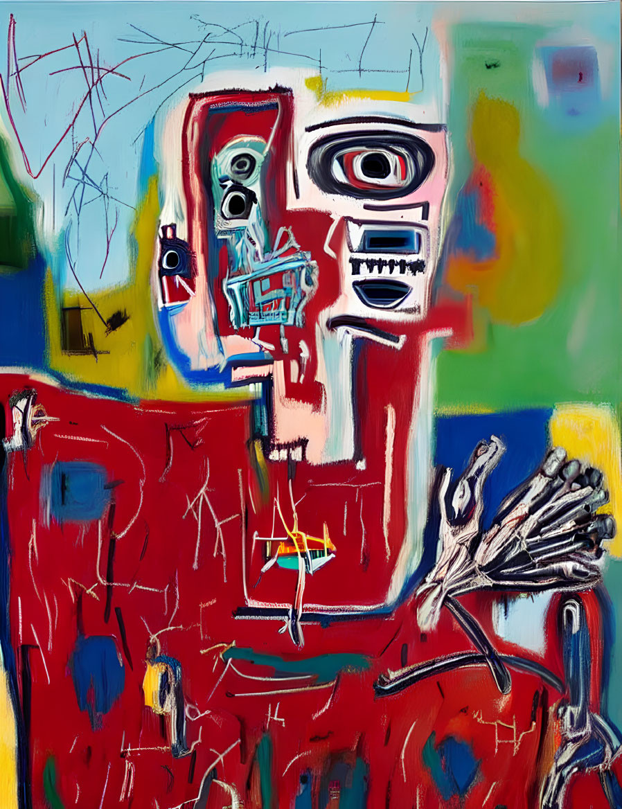 Vivid Abstract Painting: Central Figure with Chaotic Lines