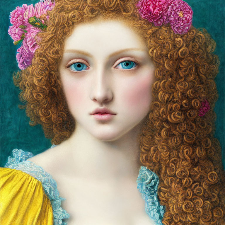 Portrait of woman with auburn hair, blue eyes, and flowers on teal background