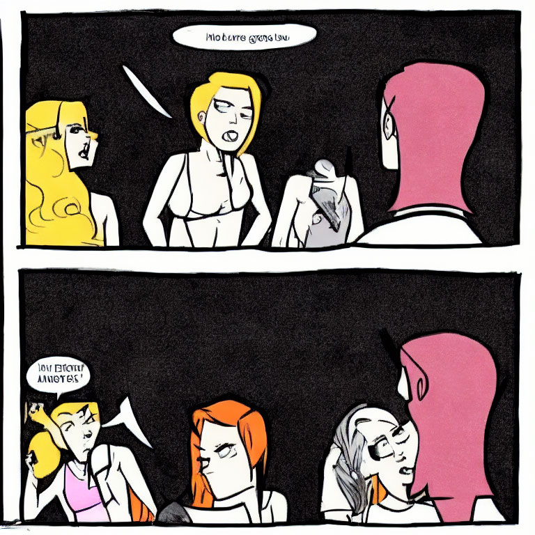 Comic Strip: Two Women Chatting, Startled by Noise